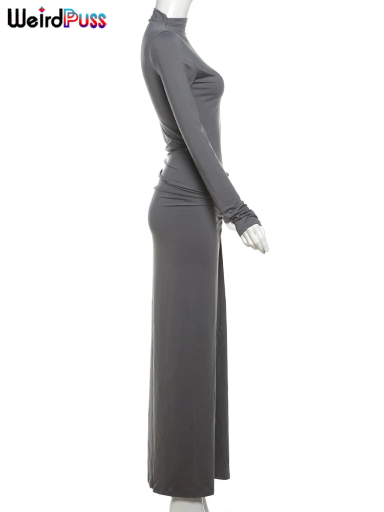 Weird Puss Hipster Ruched Dress Women o-NeckFull Sleeve  Skinny Stretch Robe Autumn Trend Simple Classic Pleats Long Bodycon