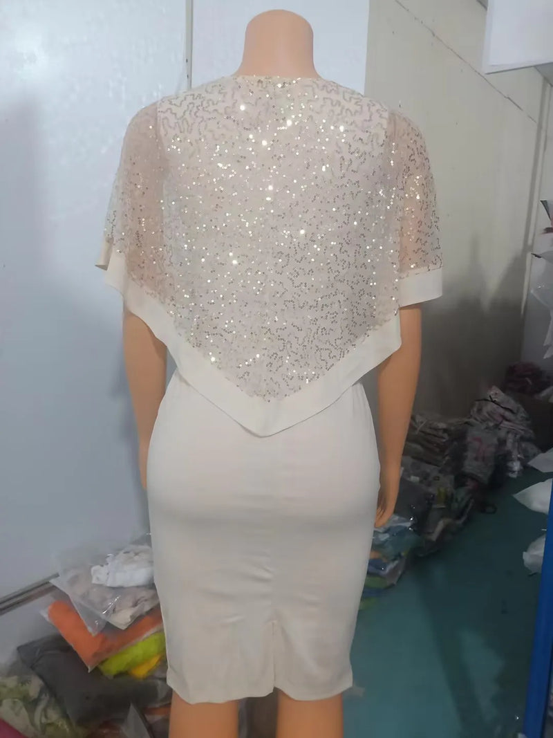 Womens Dresses Summer Fashion Cloak Sleeve Contrast Sequin Slit Casual Round Neck Half Sleeve Plain Daily Bodycon Midi Dress