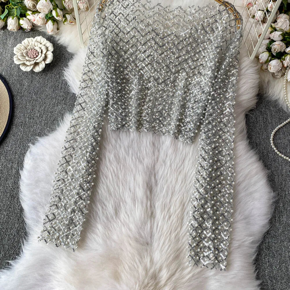 Slim Fit Short Sleeveless T-Shirt Women's New Style round Neck Long Sleeve Shiny Sequin Heavy Duty Bead Commute Style Korean ...