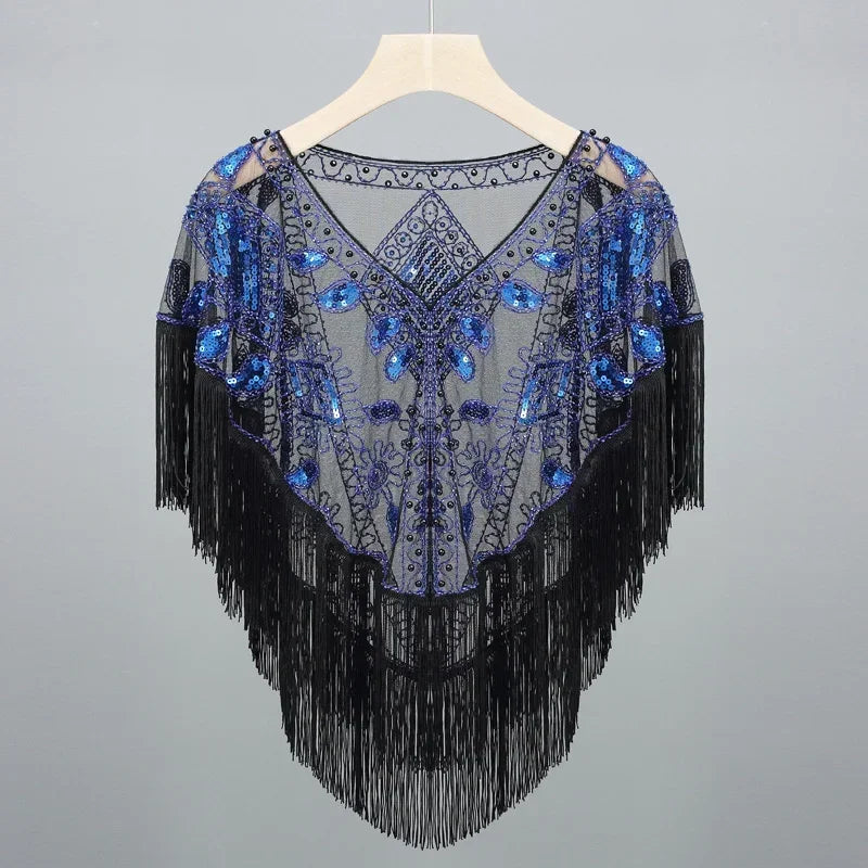 Summer Sequins Tassels Poncho Women Coat Party Outfits Cape Mesh Jacket Ladies Cloak Shawls Casaco Outerwear Wraps Woman Clothes