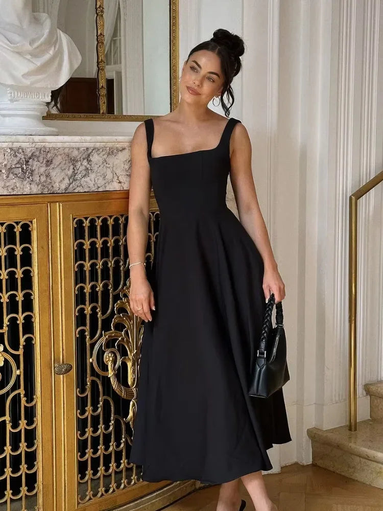 Vestido elegante branco de cintura alta feminino, moda verão, gola quadrada, sem mangas, linha A, 2025, nova vocação, festa na praia, moda urbana
