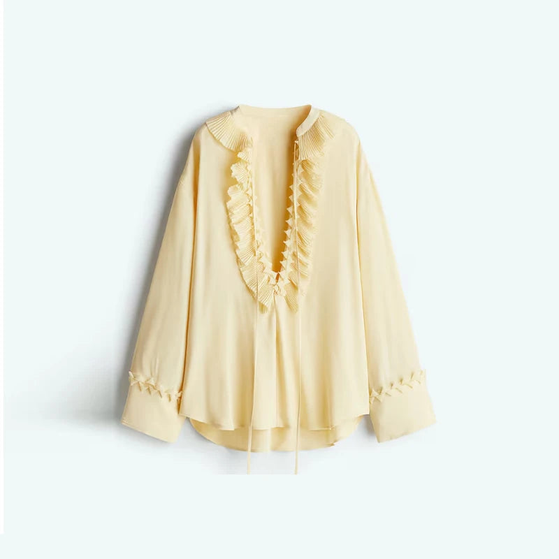 Conjunto feminino de saia e camisa urbana, gola redonda, manga comprida, botões, babados em cascata, zíperes, saias,  2025