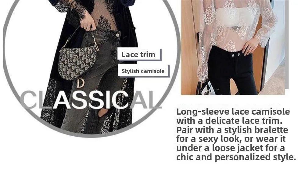 Sexy Lace Base Shirt Women's Mesh Inner Top Half High Collar Knitted Sweater Layerable Floral Lace Trim See through Design