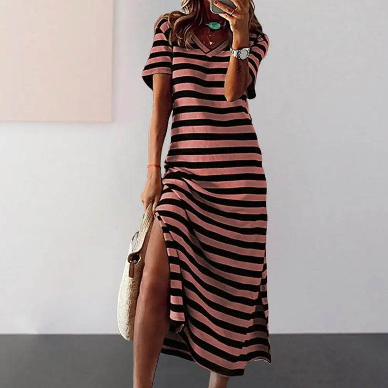 Vestidos Plus Size Vestidos Para Mulheres Casual Listra Estampa Decote Em V Manga Curta Solto Vestido Longo Robe Femme