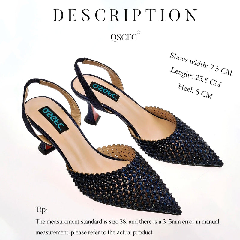 QSGFC New 2024 Elegant Lady Pointed-Toe Party Shoes Hollow Embroidery Rhinestone Design Mid-heel Dark Blue Color Shoes Bag Set - CRAVO ROSE