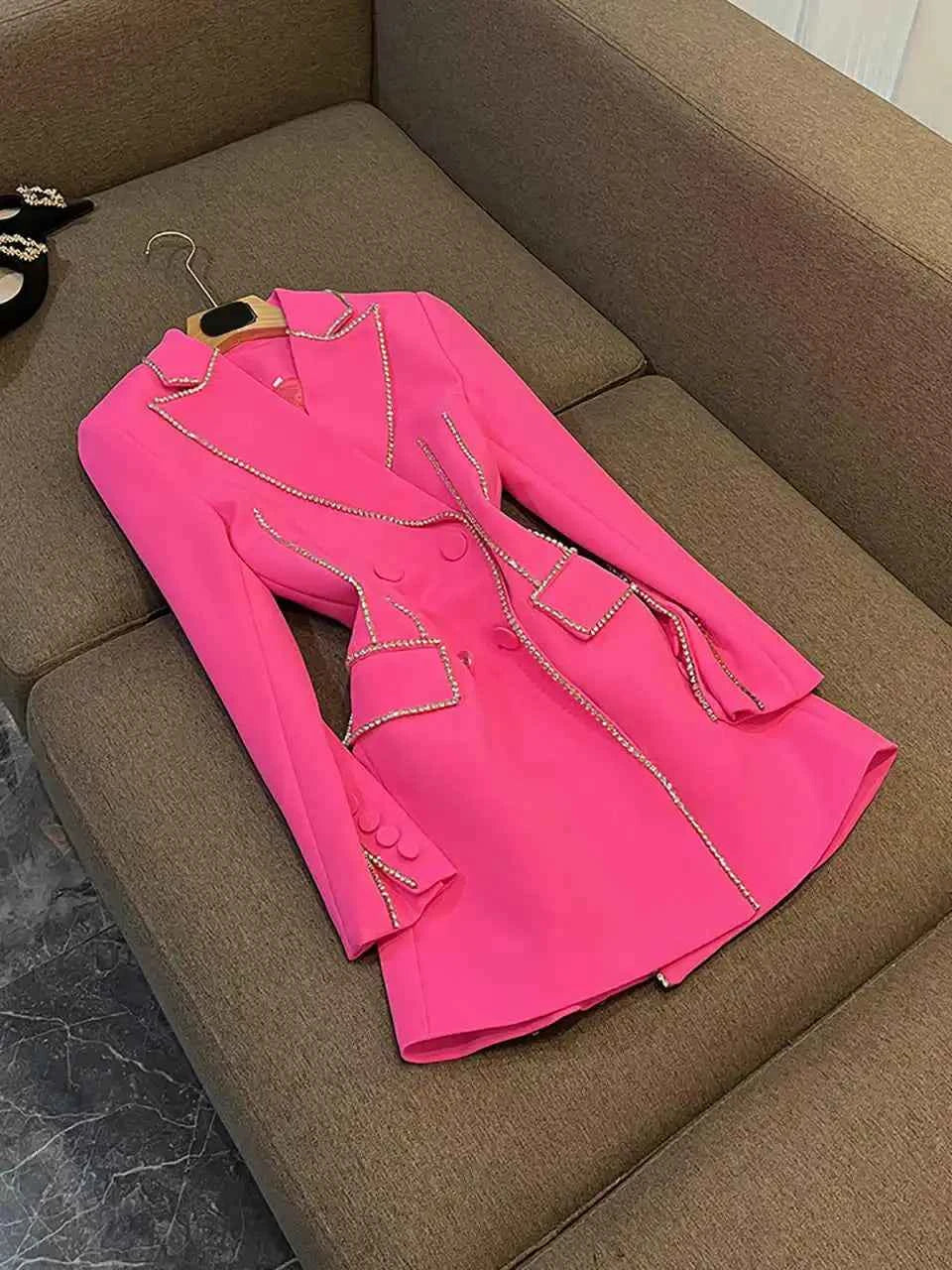 Beading Women Dress Fashion Slim Fit Double Breasted Blazer Long Jackt Customized Women Crystal Party 1 Piece Set