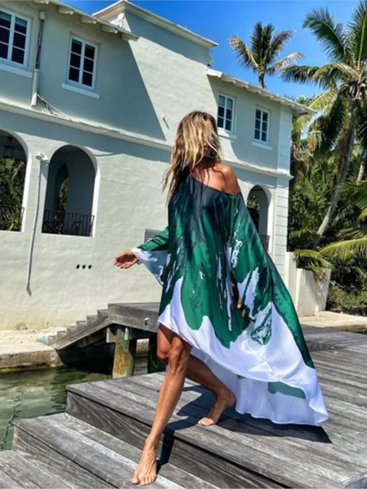 Printed Dresses Women 2025 Summer New Sloping Shoulders Loose Casual Beach Vacation Irregular Dress Fashion Beachwear Vestidos