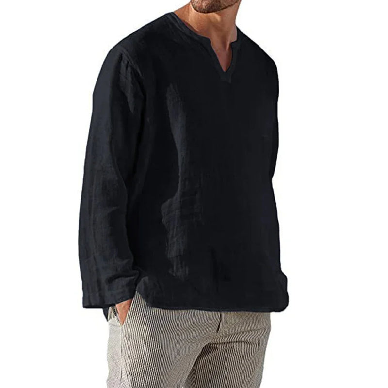 Camisa masculina de algodão e linho, cor sólida, aconchegante, manga comprida, respirável, blusa casual com decote em V, camisa havaiana, camisas leves