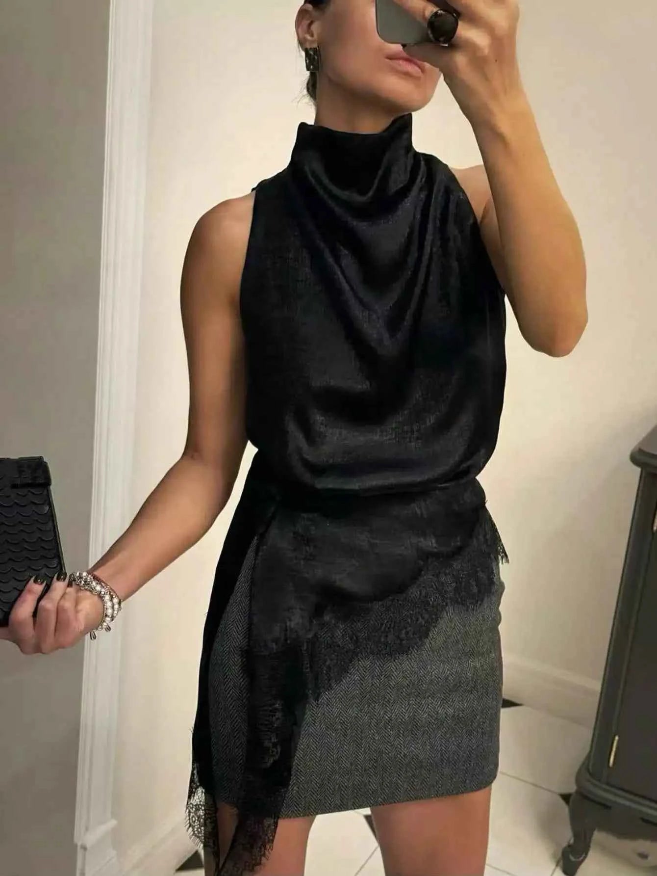 Women's Elegant Black Satin High Neck Blouse Lace Trim Sleeveless Casual Commute & Date Top