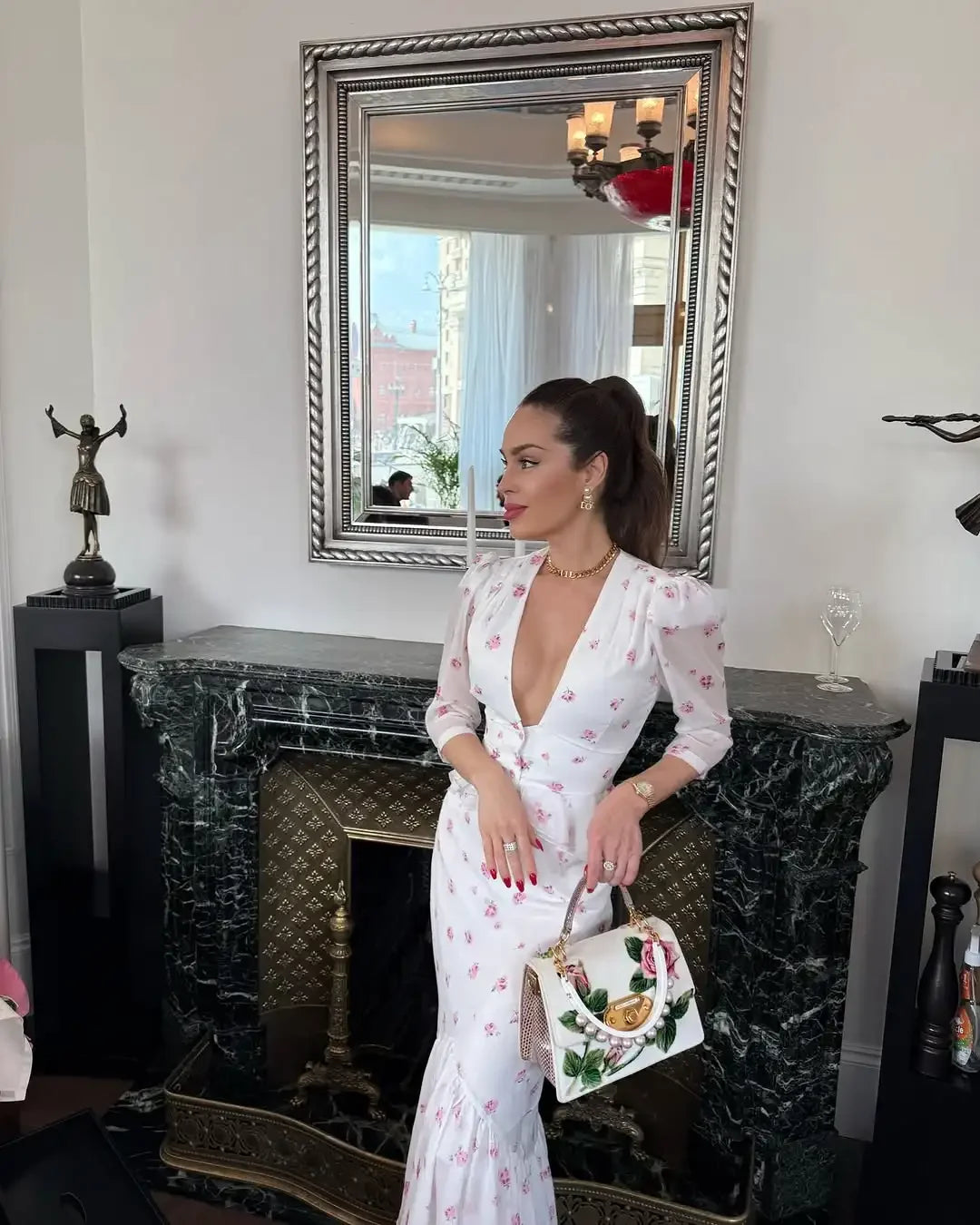 Women White Floral Print Maxi Dress V Neck Puff Sleeve Peplum Waist Fishtail Hem Chiffon Robe Elegant Party Wedding Guest Gown