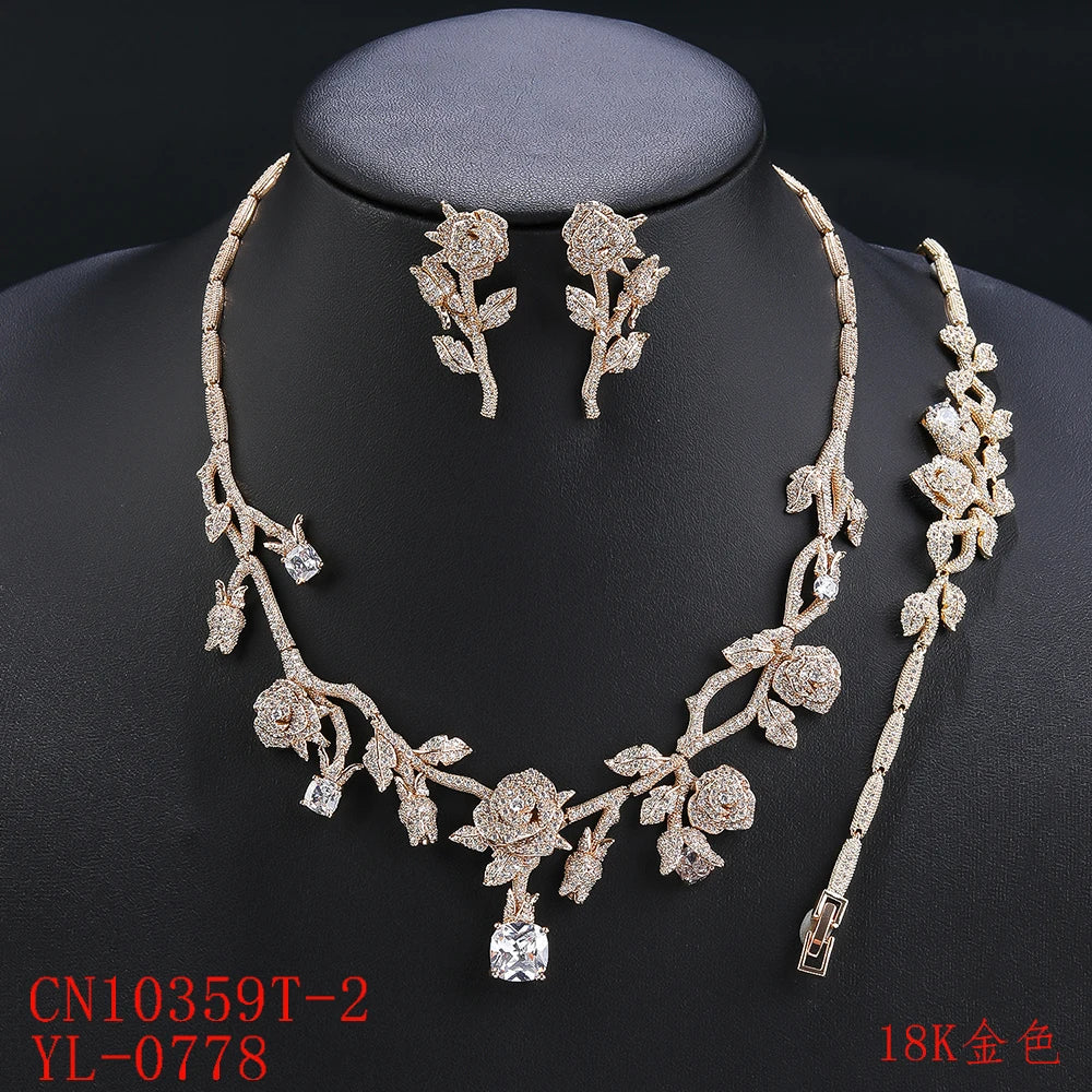New Luxury 3-piece Cubic Zirconia Rose Flower Necklace Earrings Bracelet Set Bridal Wedding Ball Accessories CN10359T
