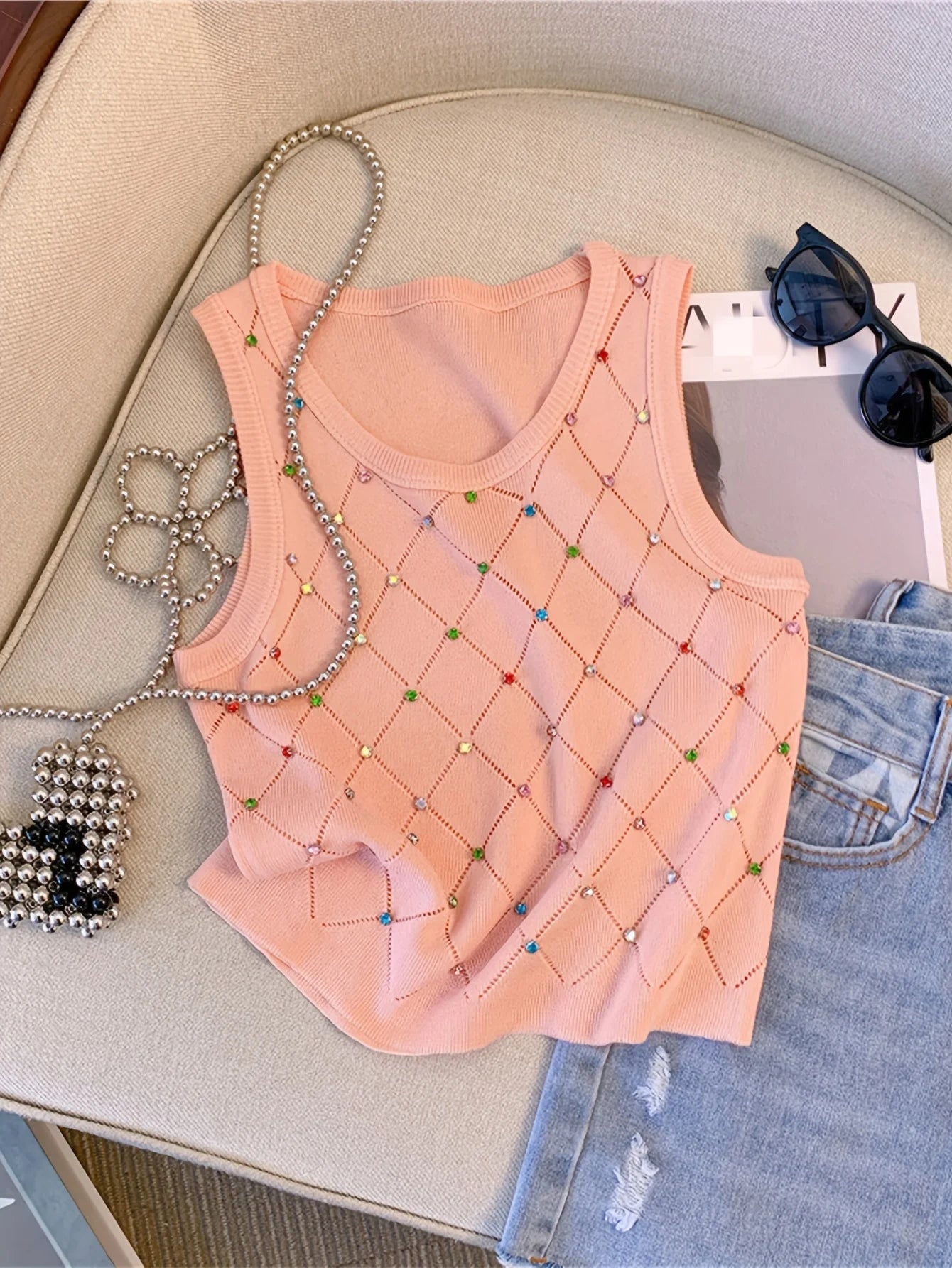Colorful Rhinestone Knitted Tank Top Casual Crew Neck Sleeveless Tank Top For Summer  Women's Clothing Crop Top Camis