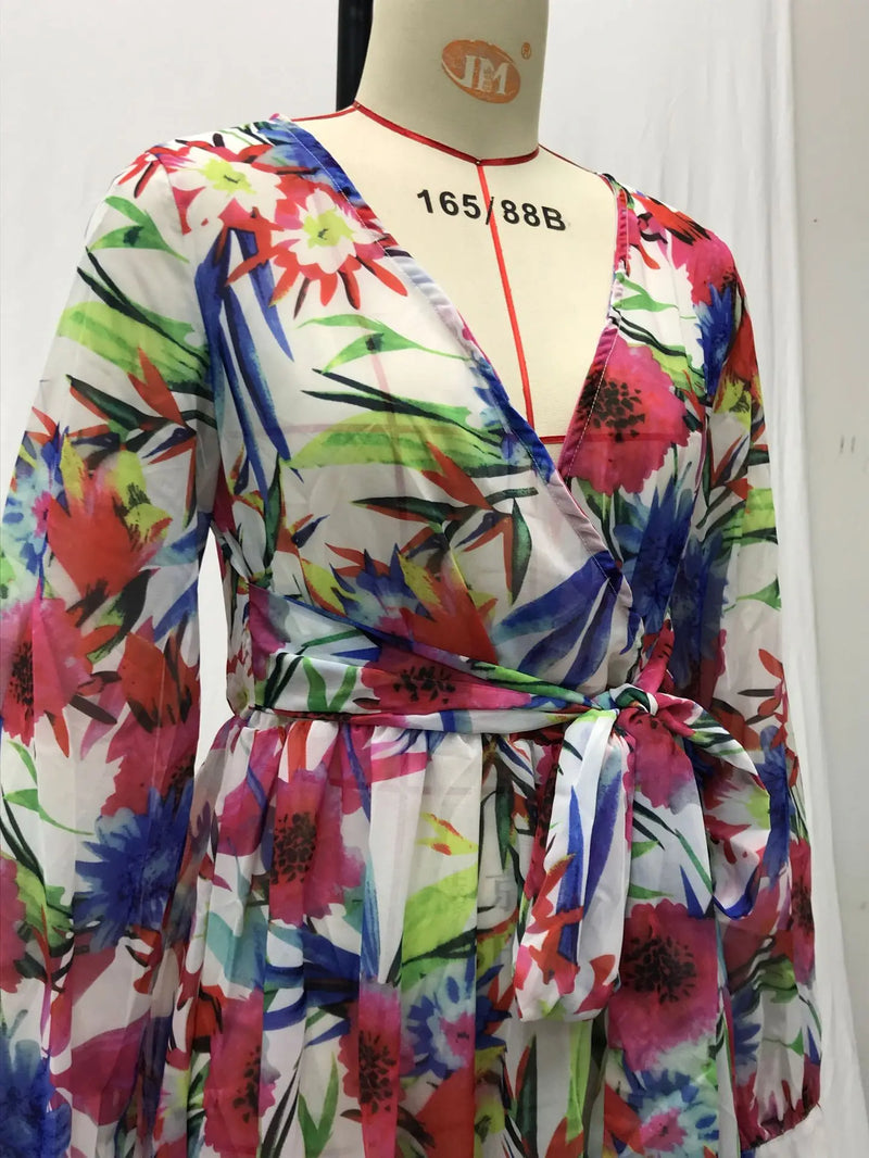 Women's 2024 Autumn New Lantern Sleeves Sexy Deep V Fashion Printed Dress Green Leaf Strap Waist Ankle Long Dress