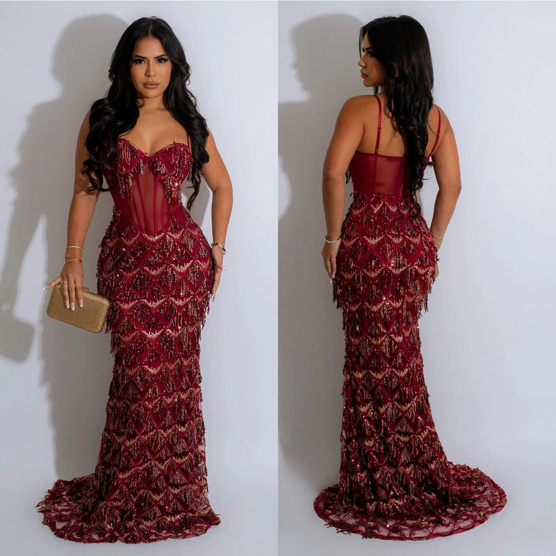Women Sling Dress Floor Length Dresses Sequin Mesh Party Slim Bodycon Sheath Mesh Drilling Elegant Gown Sexy Vestidos 2024
