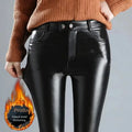 Calças de couro sintético de caxemira femininas outono/inverno 2024, grossas e de lã, cintura alta, justas e quentes, leggings pretas