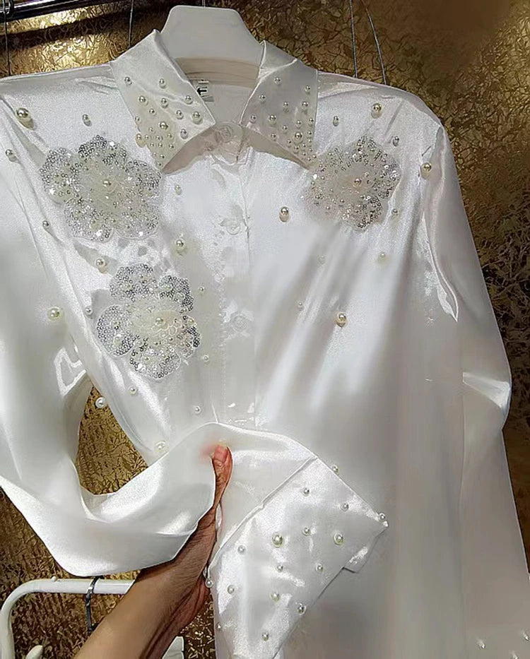 Blusas brancas com lantejoulas e miçangas estilo luxo, camisas para mulheres, vintage, botões, blusas de abotoamento simples