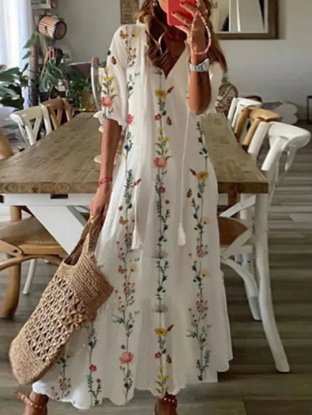 Women's 2024 Spring Summer New Casual Sweet Loose Sexy V-neck Fashion Printed Hanging Beard Middle Sleeve Long Dress For Women