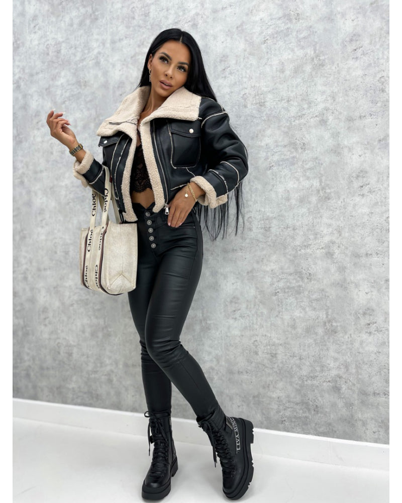 Faux Leather Jackets Women PU Short Thick Warm Black Outwear Female Aviator Retro Lapel Velvet Coat New Year Winter Tops
