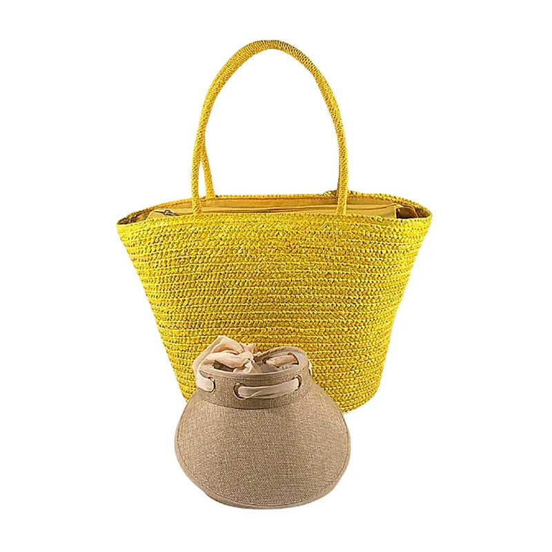Yellow Beach Bag Kit and Visor Travel Straw Bag Large Fashion Tote