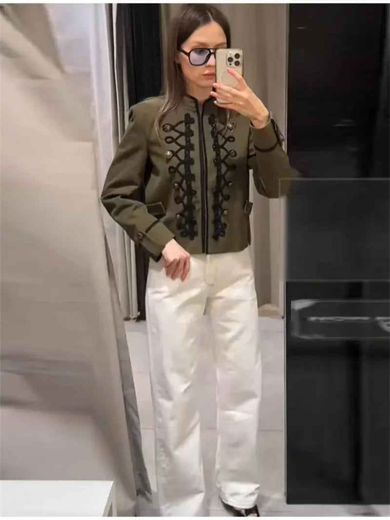 Women's Jacket 2026 Spring New Solid Color Long Sleeve Rope Knot Button Napoleon Style Slim Jacket Fashionable and Unique