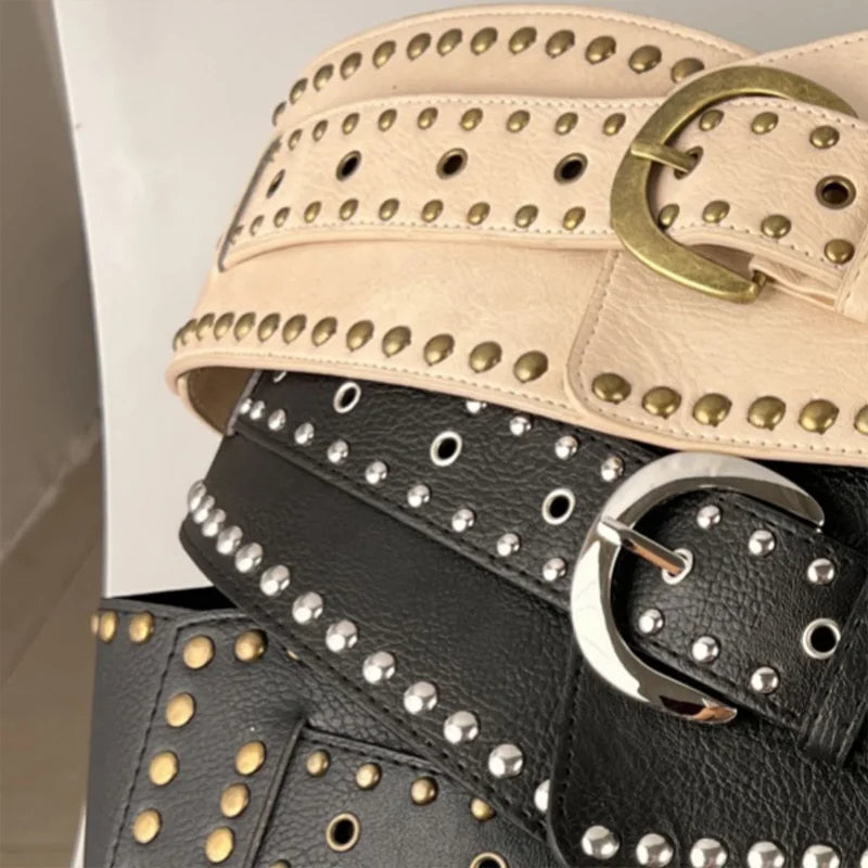 Cintos largos punk com rebites vintage, estilo americano Y2K, metal PU, Spice Girls, cintura, ocidental, resistente, design irregular, decoração de saia