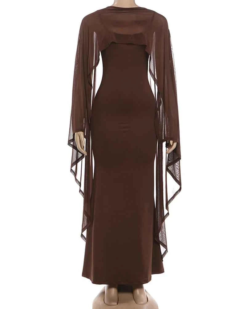 Kliou Sexy Fashion 2 Piece Set Woman Mesh Extended Shawl+Low-Neck Sleeveless Skinny High Waist Sling Vestidos Elegant Dress Suit
