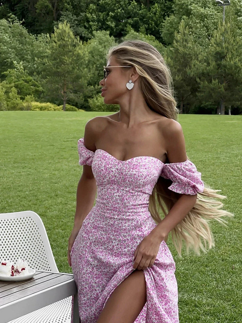 Vestido floral Wolfeel com ombros de fora, elegante, longo, slim fit, estampado, sexy