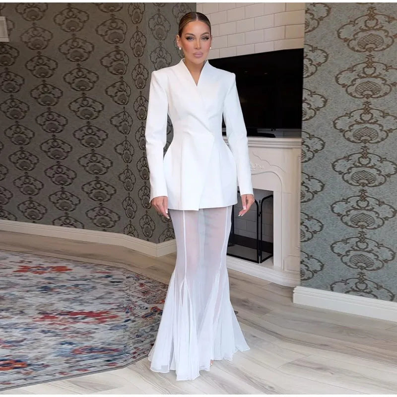 Conjunto elegante de blazer e saia sólida feminino, slim, com um botão, jaqueta plissada, transparente, saia rabo de peixe