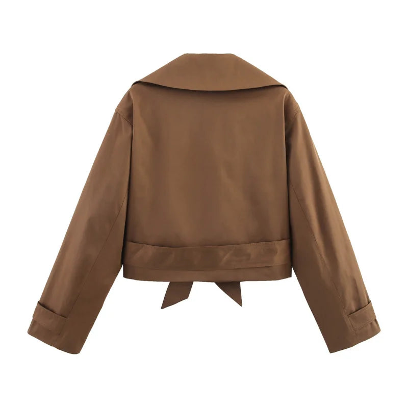 ETJ 2025 new  women's British wind trench coat style double-breasted long sleeve belt lapel jacket short coat