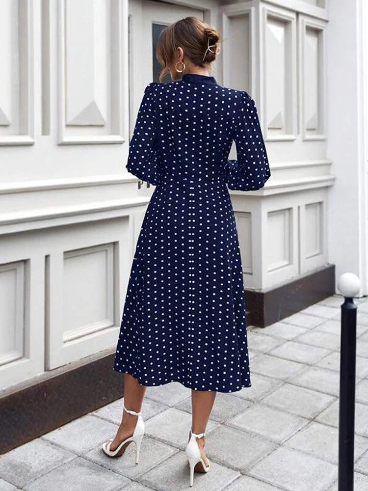 Women's Fashion French Full-body Polka Dot Print Tie Lantern Sleeve Small Stand Collar With Bow A Swing Dress - CRAVO ROSE