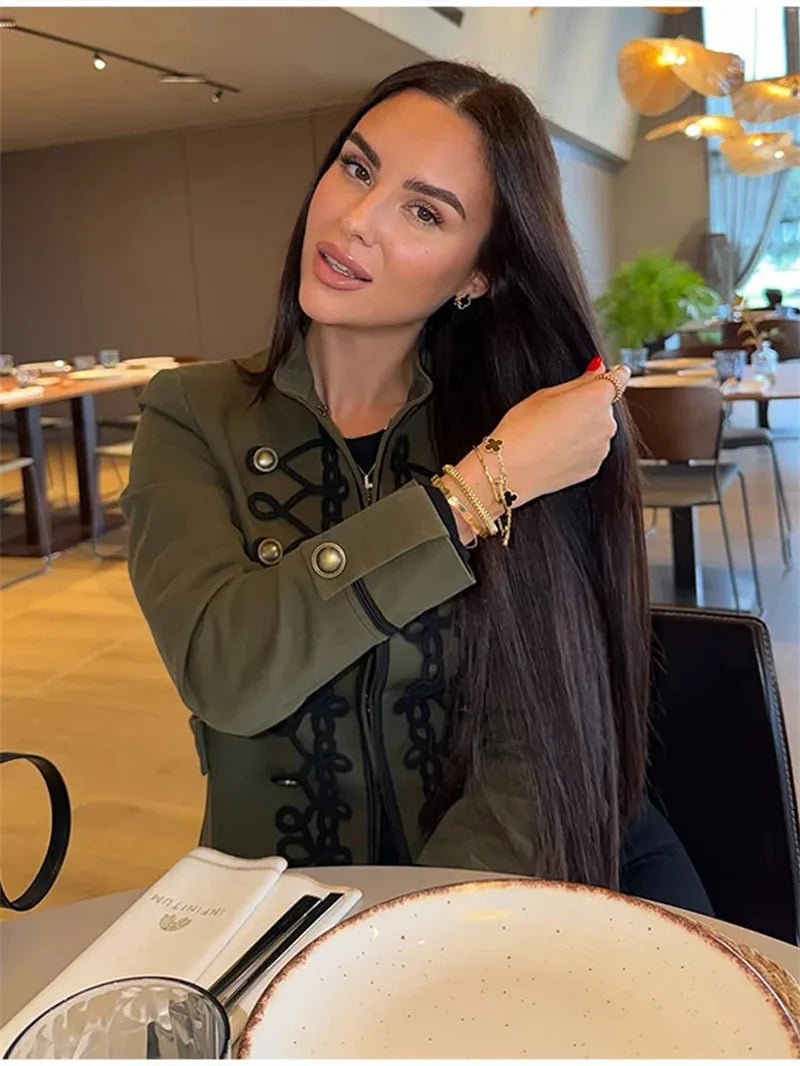 Women's Jacket 2026 Spring New Solid Color Long Sleeve Rope Knot Button Napoleon Style Slim Jacket Fashionable and Unique
