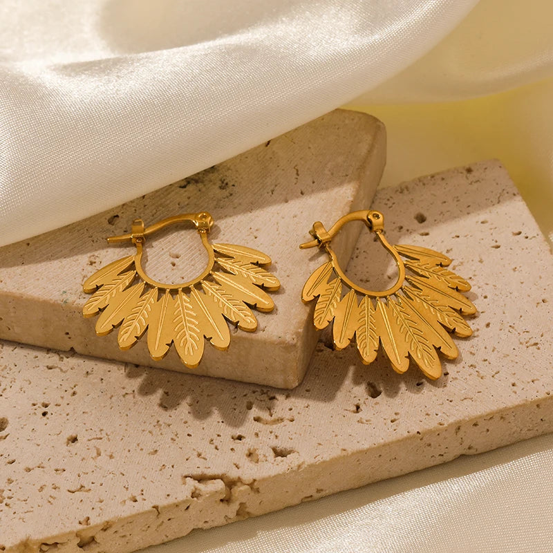 Brincos de argola EILIECK 316L em aço inoxidável dourado, formato de leque, geométrico, estilo boêmio, para mulheres, pingente de orelha, joia, presente para festa