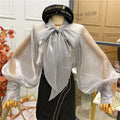 Camisas Manga Lanterna Gola Alta Sólida Casual Vintage Elegante Temperamento Manga Comprida