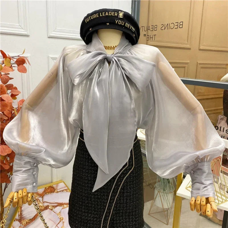 Camisas Manga Lanterna Gola Alta Sólida Casual Vintage Elegante Temperamento Manga Comprida