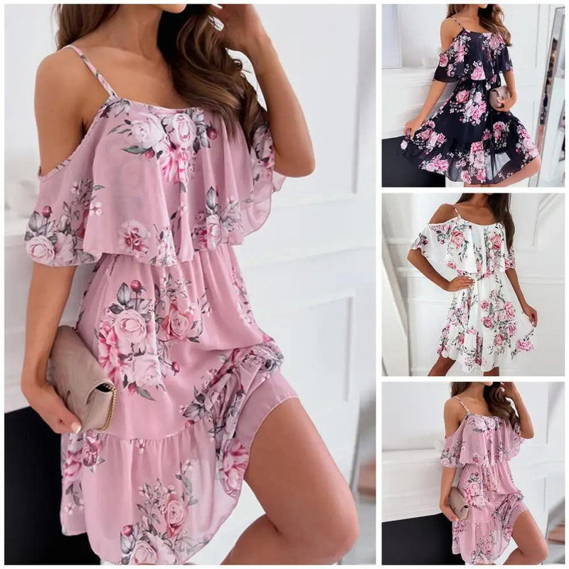 Women Dress Ruffle Spaghetti Strap Summer Dress Patchwork Off Shoulder Short Sleeve Lady Sling Dress For Beach - CRAVO ROSE