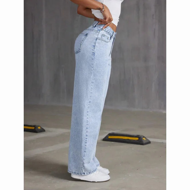 Trendy Cross-Border Hot Selling Women's Sweet-and-Spicy Style High-Waist Loose Casual Straight Leg Jeans Cotton Gauze