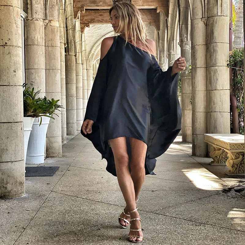 Printed Dresses Women 2025 Summer New Sloping Shoulders Loose Casual Beach Vacation Irregular Dress Fashion Beachwear Vestidos