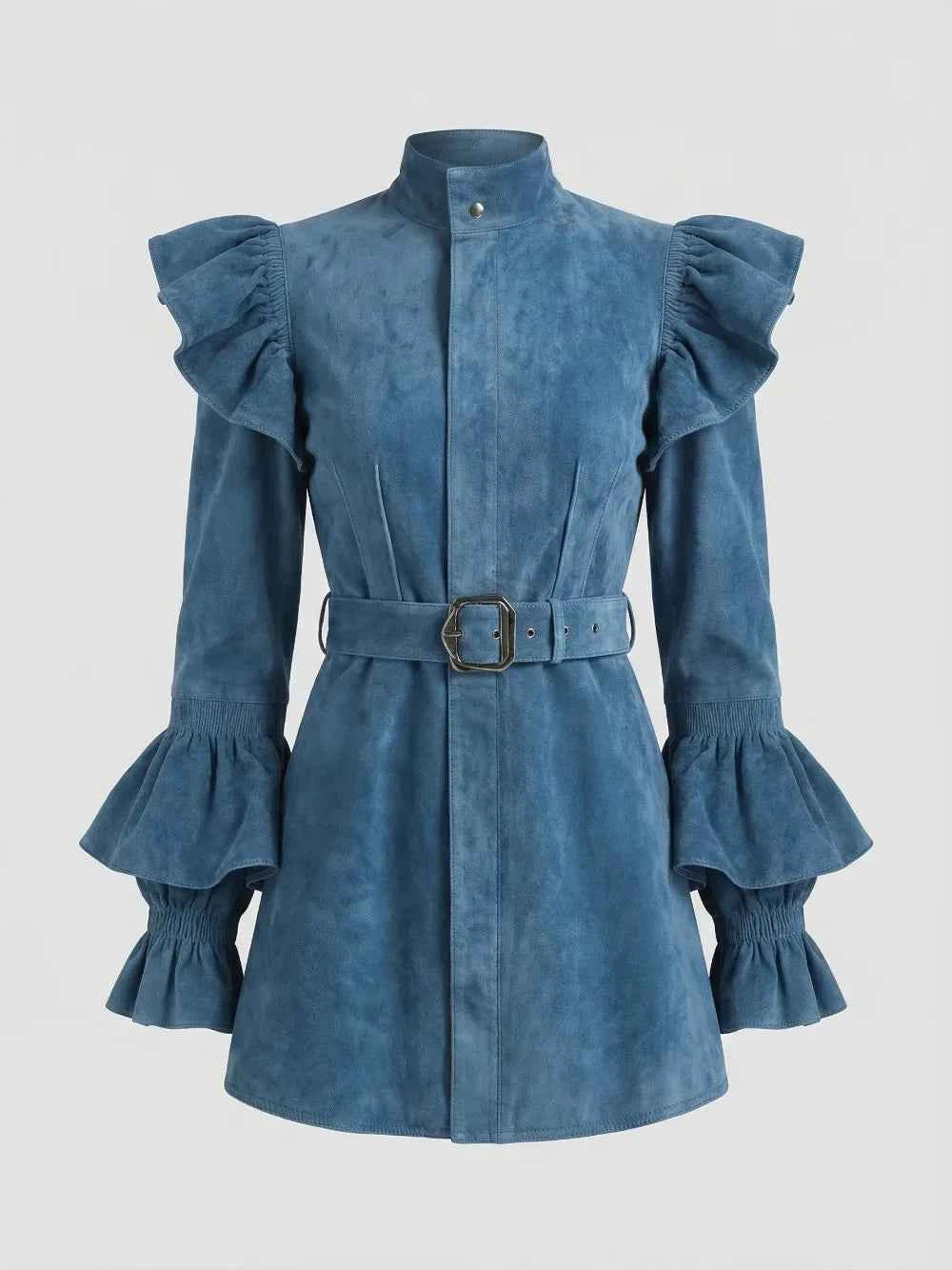 Women's Suede Mini Dress with Ruffled Puff Sleeves High Neck Belted Waist Flounce Cuffs Button-Down Chic Ethnic Style Dress