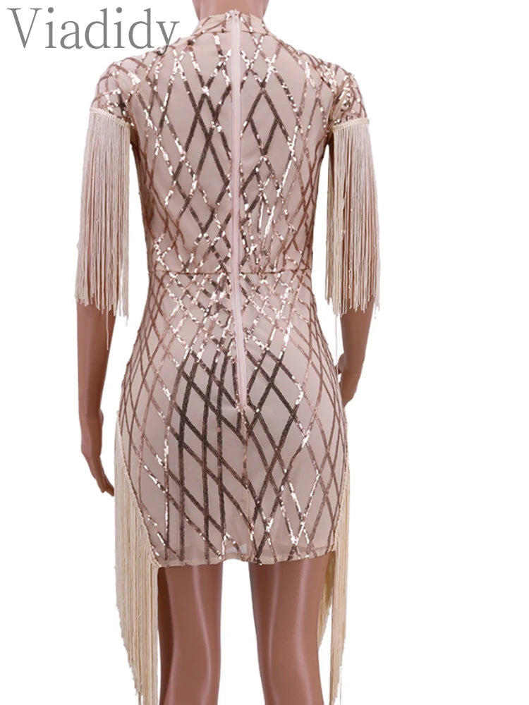 Women Fashion Elegant Sequins Tassels Mini Bodycon Party Dress