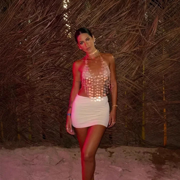 L4796Y European And American Best Seller Transparent Acrylic Sequins Fringed Metal Chain Spliced Halter Neck Open-Back Top Body