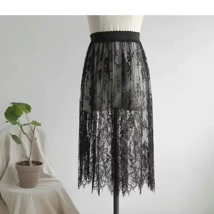 Saia preta elegante de 2 comprimentos, renda branca, transparente, saia longa de tule, feminina, elástica, cintura alta, praia, saia midi