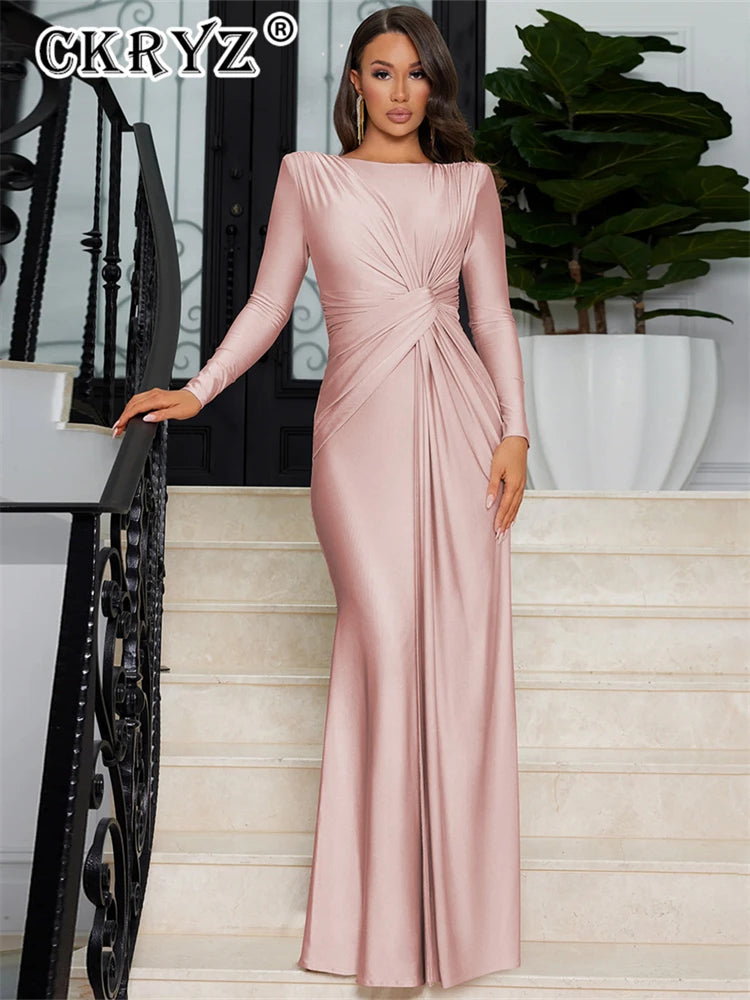 Ladies Autumn Elegant Evening Party Dress Women Long Sleeve O-Neck Ruched Fashion Maxi Dresses Night Club Streetwear Fall Outfit