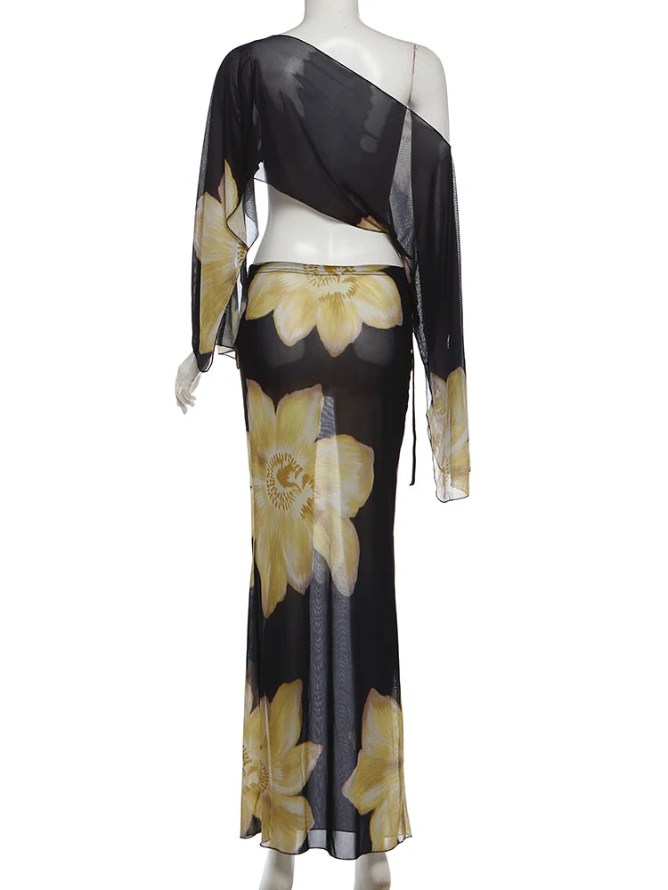 Kliou Floral Print 2 Piece Set Woman Skew Collar Full Sleeve Navel Exposed Tops+Elastic Waist Long Skirts Vacation Elegant Suits