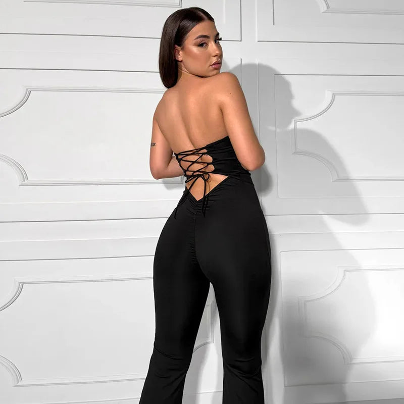 2025 Summer Women's Solid Color Back Strap Strapless Strapless Open Shoulder Tight Micro Flared Pants Jumpsuit