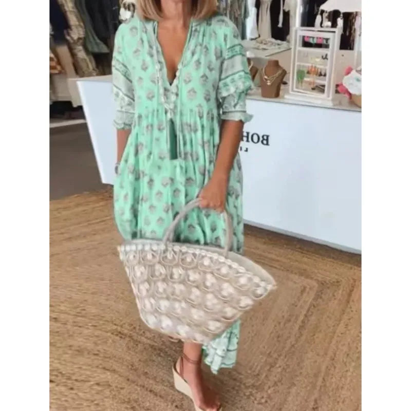Boho Printed Chic V-neck Tassel Long Dress Women‘s Spring Pocket Party Dress Fall Half Lantern Sleeve Ruffles Maxi Dress Summer