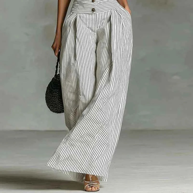 Office Lady Elegant Button Down Jumpsuit Spring Striped Print High Waist Woman Romper Elegant Sleeveless Wide Leg Pants Overalls