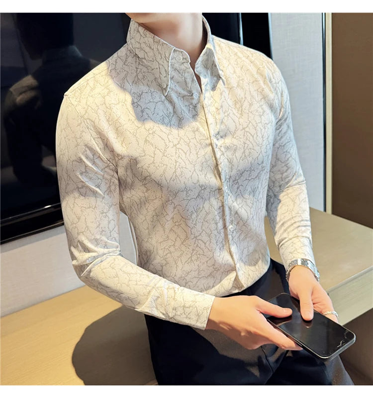 Camisas jacquard vintage de luxo, manga comprida de alta qualidade, slim fit, smoking casual, camisas sociais para casamento, tamanho 4XL-M