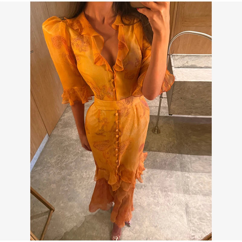 Women White Floral Print Maxi Dress V Neck Puff Sleeve Peplum Waist Fishtail Hem Chiffon Robe Elegant Party Wedding Guest Gown