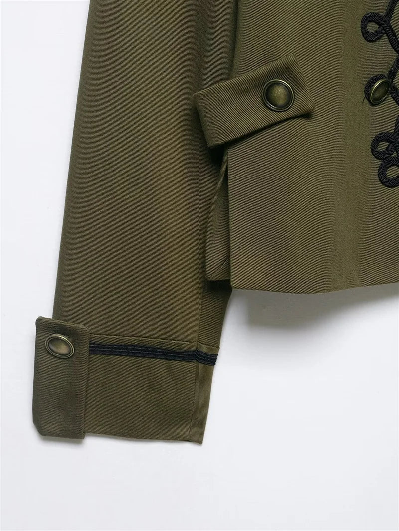 Women's Jacket 2026 Spring New Solid Color Long Sleeve Rope Knot Button Napoleon Style Slim Jacket Fashionable and Unique