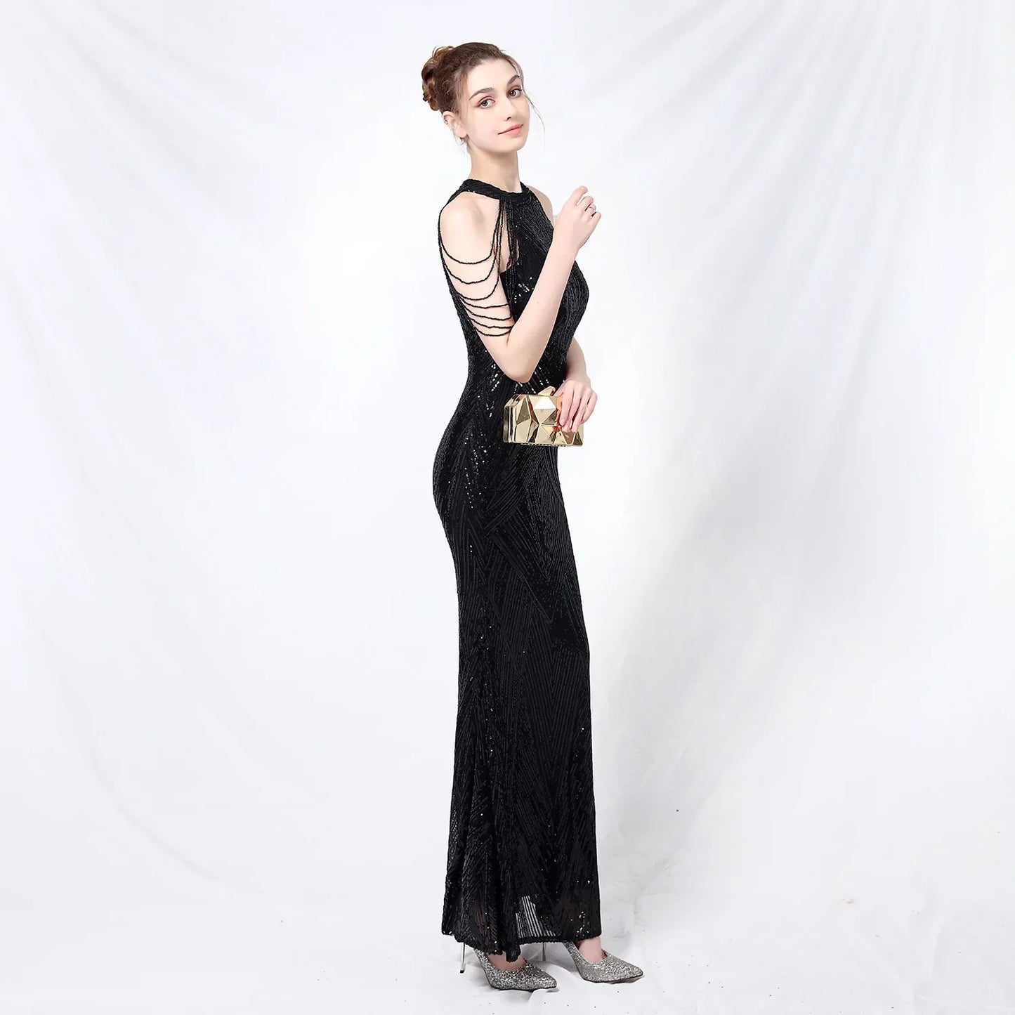Xmas Sequin Maxi Dress Halter Neck Stripe Mermaid Long Lady Coctail Prom Dress Party Evening Dancing Performance Shimmering Wear